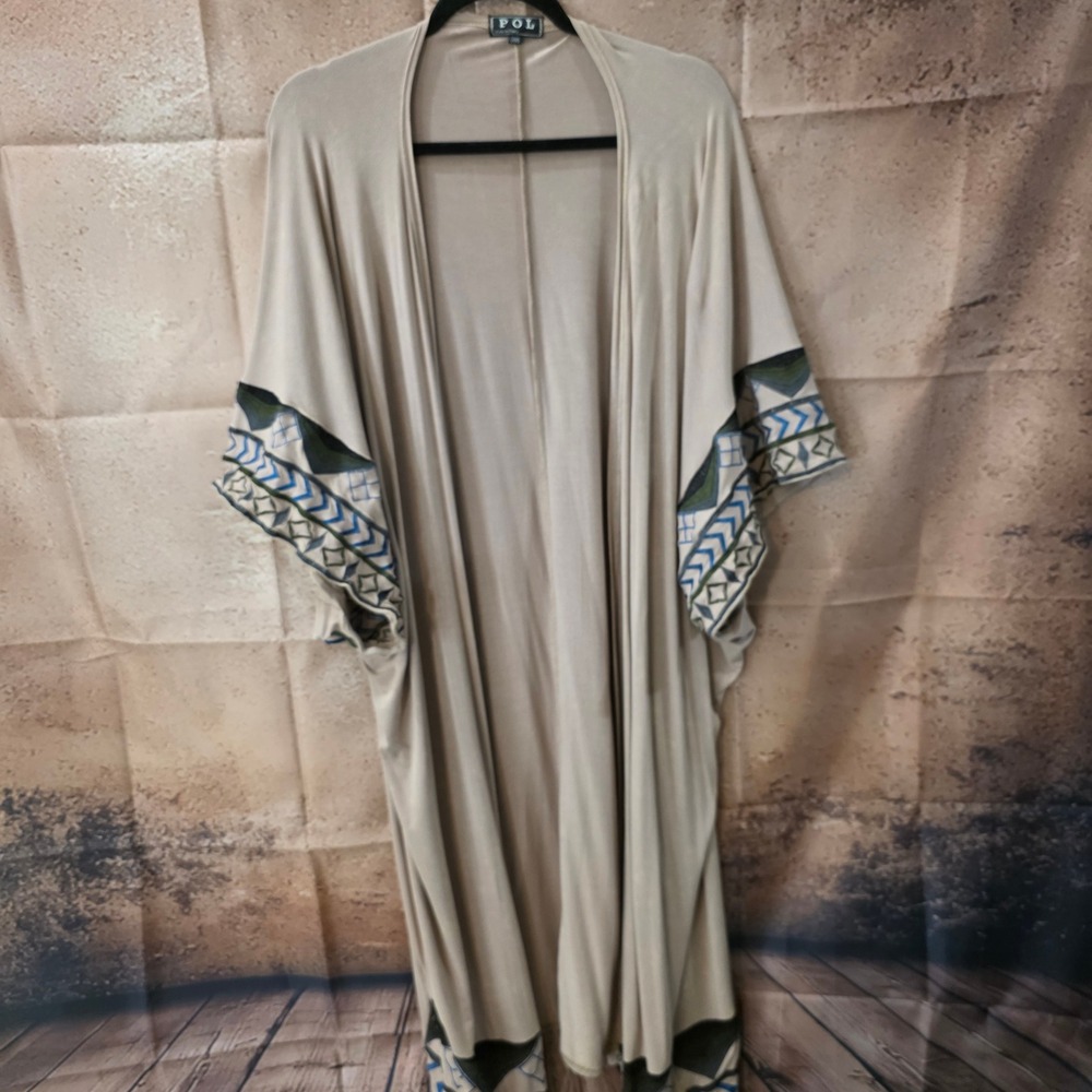 POL Boho Embroidered Duster Cardigan Taupe Kimono Open Front One Size